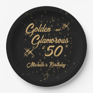 Black Gold Retro Golden Glamourous 50th Birthday Paper Plate