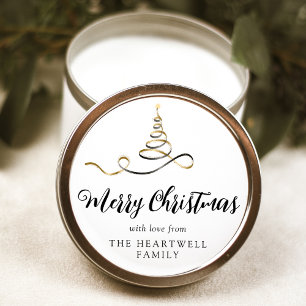 Black Gold Ribbon Tree Merry Christmas Script Classic Round Sticker