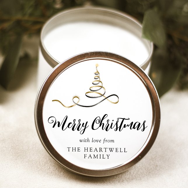 Black Gold Ribbon Tree Merry Christmas Script Classic Round Sticker (Creator Uploaded)