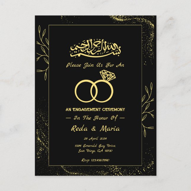 Black Gold Ring Islamic Muslim Engagement Postcard (Front)