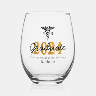 Black Gold RN Nursing School Class Graduation Stemless Wine Glass