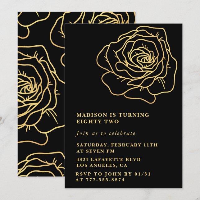 Black Gold Rose 82nd birthday invitations  (Front/Back)