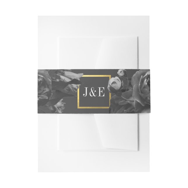 Black Gold Rose Bouquet Wedding Invitation Belly Band (Front Example)