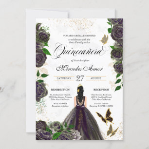 Black & Gold Rose Butterfly Mariposa Quinceanera Invitation