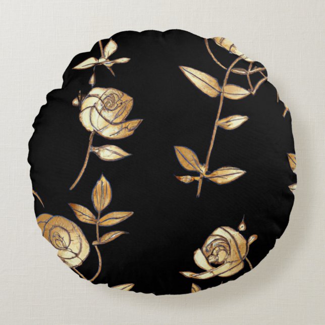 Black & Gold Rose Floral Pattern Round Cushion (Front)