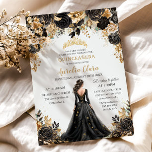 Black Gold Rose Floral Princess Dress Quinceañera  Invitation
