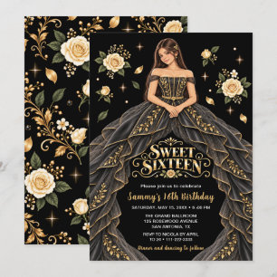 Black Gold Rose Sweet Sixteen Birthday Invitation