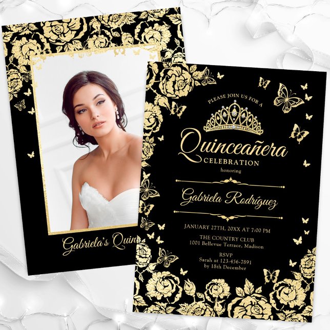 Black Gold Roses Butterflies Quinceanera Photo Invitation (Creator Uploaded)