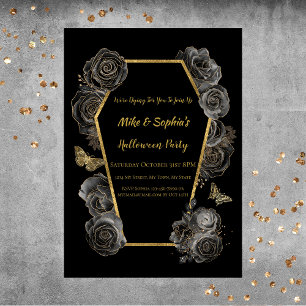 Black & Gold Roses Coffin Adult Halloween Party Invitation