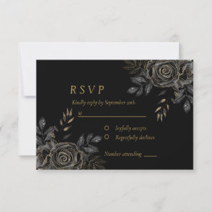 Black & Gold Roses Coffin Gothic Elegant RSVP Card