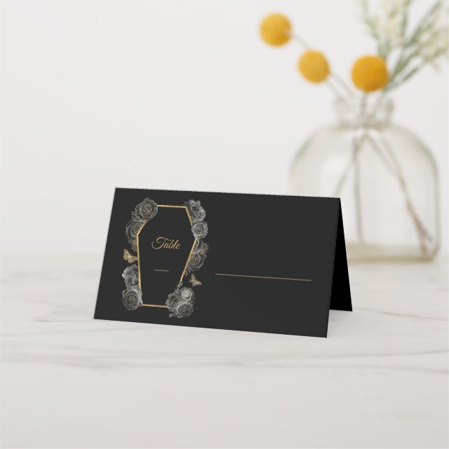 Black & Gold Roses Coffin Gothic Wedding Pattern  Place Card (Front)