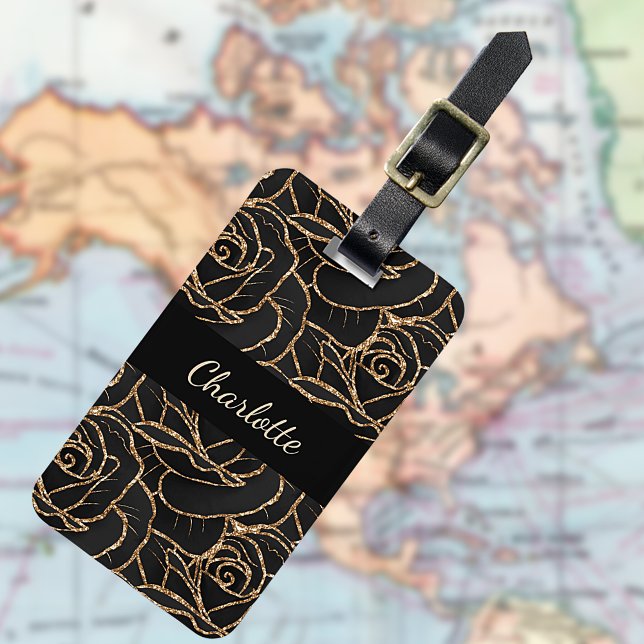 Black gold roses flowers luggage tag (Creator Uploaded)