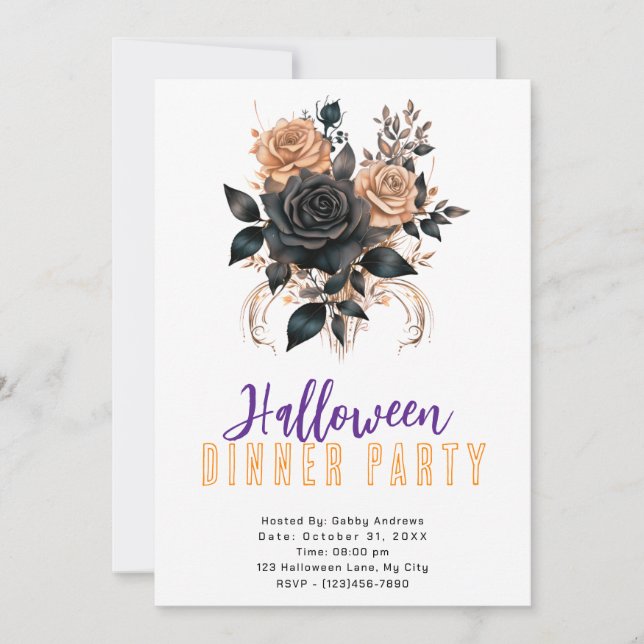 Black & Gold Roses Gothic Halloween Dinner Party Invitation (Front)