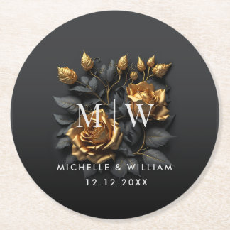 Black Gold Roses Gothic Monogram Wedding Round Paper Coaster