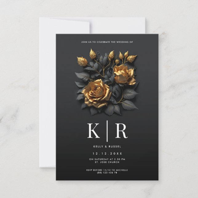 Black Gold Roses Gothic Wedding  Invitation (Front)