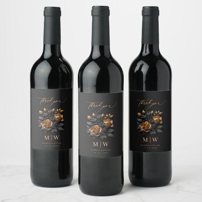 Black Gold Roses Gothic Wedding Wine Label (Bottles)