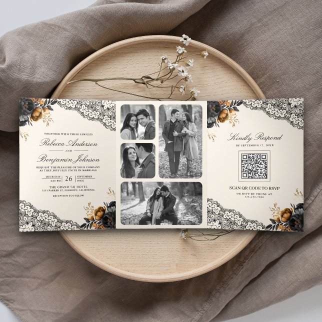 Black Gold Roses Lace Cream Gothic QR Code Wedding Tri-Fold Invitation (Creator Uploaded)