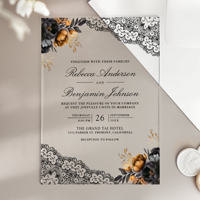 Black Gold Roses Lace Gothic Wedding Acrylic Invitations (Creator Uploaded)