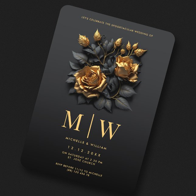 Black Gold Roses QR Gothic Wedding  Invitation (Black Gold Roses QR Gothic Wedding Invitation
)