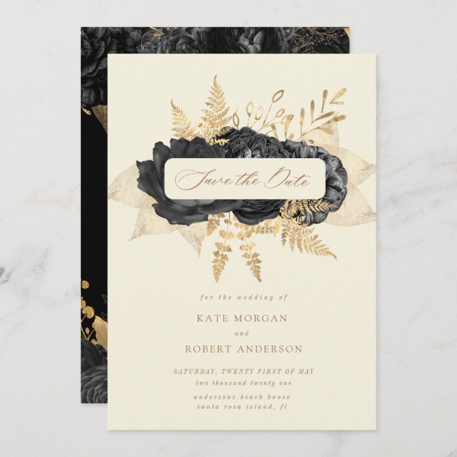 black gold roses save the date invitation (Front/Back)