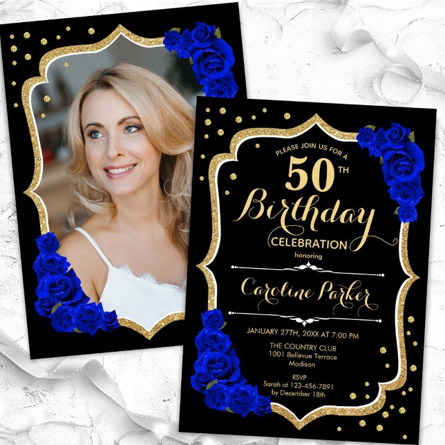 Black Gold Royal Blue Photo 50th Birthday Invitation (Creator Uploaded)