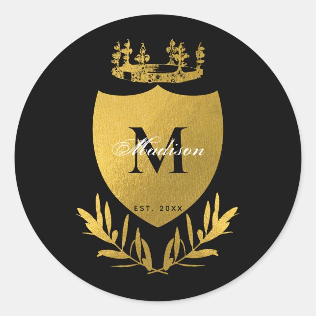 Black & Gold Royal Emblem Shield Monogram  Classic Round Sticker (Front)