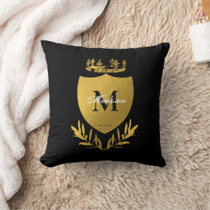 Black & Gold Royal Emblem Shield Monogram Cushion