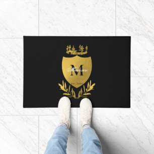 Black & Gold Royal Emblem Shield Monogram  Doormat