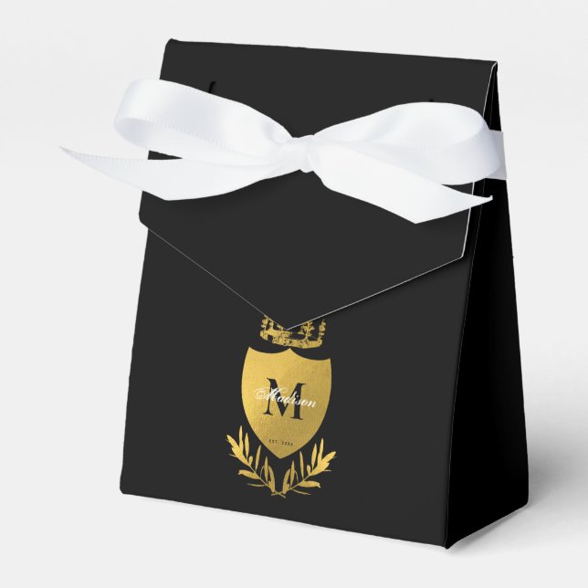 Black & Gold Royal Emblem Shield Monogram Favour Box (Front Side)