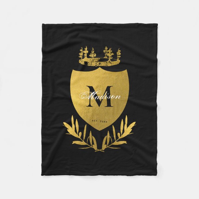 Black & Gold Royal Emblem Shield Monogram Fleece Blanket (Front)