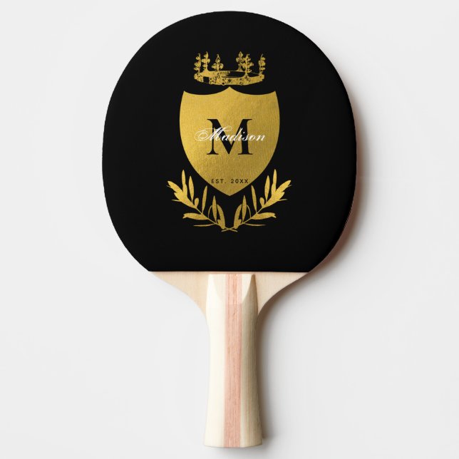 Black & Gold Royal Emblem Shield Monogram  Ping Pong Paddle (Front)