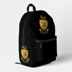 Black & Gold Royal Emblem Shield Monogram Printed Backpack