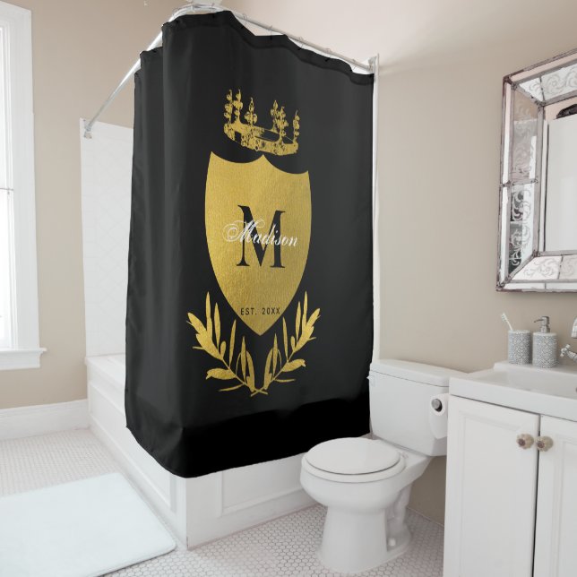 Black & Gold Royal Emblem Shield Monogram  Shower Curtain (In Situ)