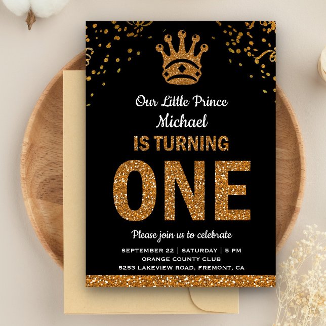 Black Gold Royal Prince First Birthday Invitation (Creator Uploaded)