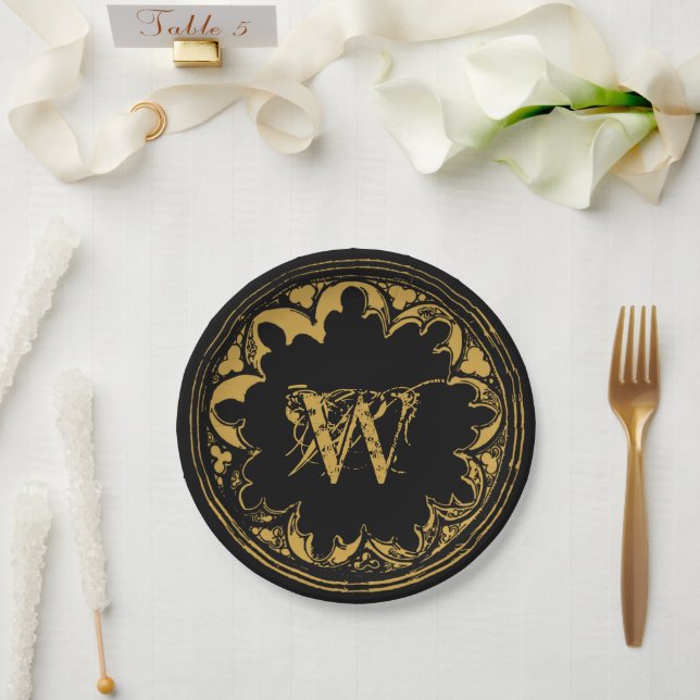 Black & Gold Rustic Vintage Distressed Monogram Paper Plate (Wedding)