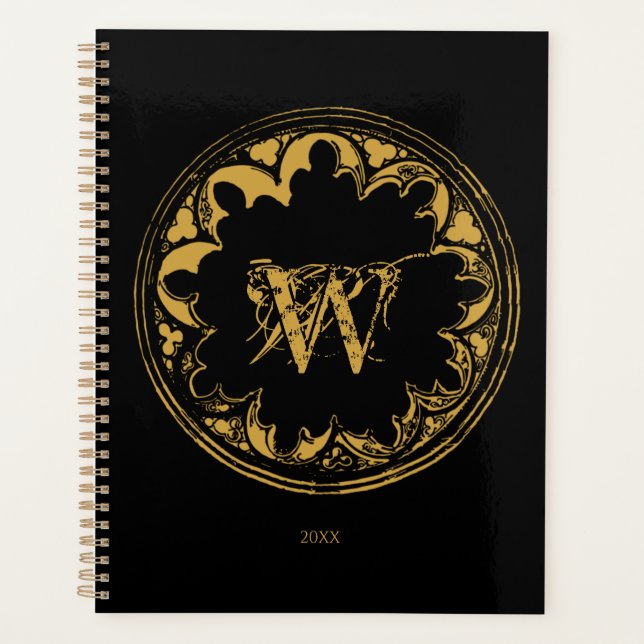 Black & Gold Rustic Vintage Distressed Monogram  Planner (Front)
