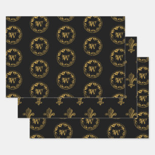 Black & Gold Rustic Vintage Distressed Monogram Wrapping Paper Sheet