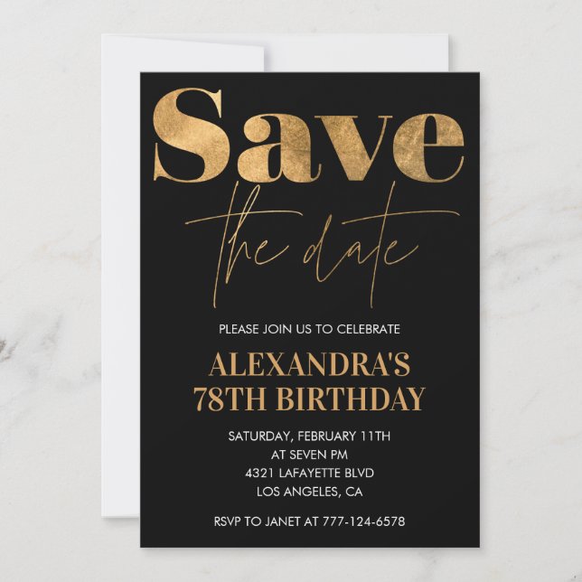 Black Gold Save the date 78th birthday Invitation (Front)