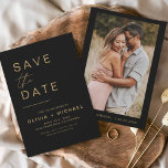 Black Gold Save the Date Elegant Photo Minimalist<br><div class="desc">Wedding Elegant  Black and Gold Save the Date Cards that have a photo on the front. The Save the Date cards contain a modern hand lettered cursive script typography that are elegant,  simple and modern to use after you minimalist simple wedding day celebration.</div>