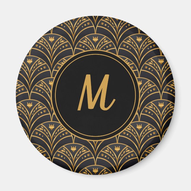 Black Gold Scallop Pattern Art Deco Monogram Magnet (Front)