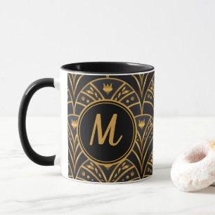 Black Gold Scallop Pattern Art Deco Monogram Mug
