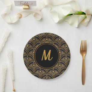 Black Gold Scallop Pattern Art Deco Monogram Paper Plate