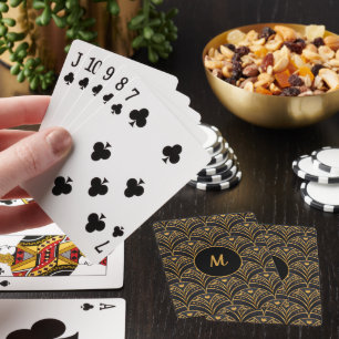 Black Gold Scallop Pattern Art Deco Monogram Playing Cards