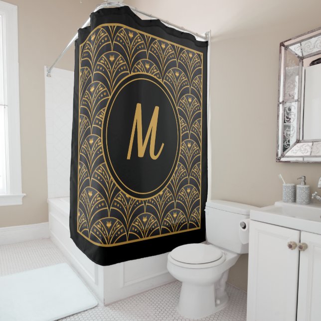 Black Gold Scallop Pattern Art Deco Monogram Shower Curtain (In Situ)