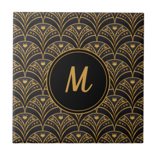 Black Gold Scallop Pattern Art Deco Monogram Tile