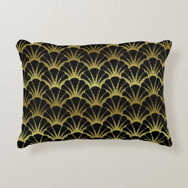 Black Gold Scallop Shells Classy Deco Scale Decorative Cushion (Front)