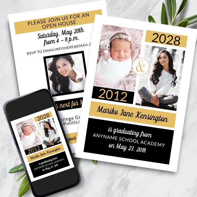 Black Gold School Colours Then and Now Graduation Invitation (Black Gold School Colors Then and Now Graduation Announcement)