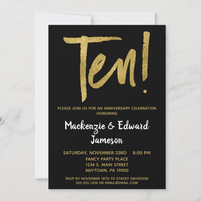 Black Gold Script 10th Anniversary Invitation (Front)