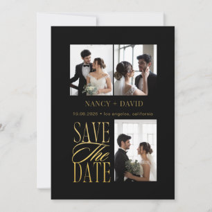 Black Gold Script 3 Photo Collage Wedding  Save The Date