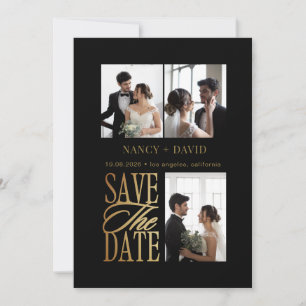 Black Gold Script 3 Photo Collage Wedding Save The Date